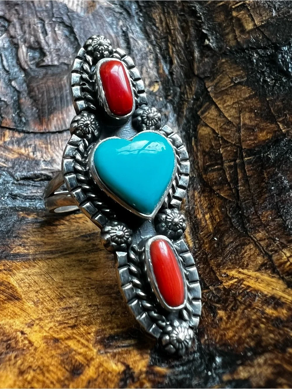 Sterling Kingman Turquoise Heart Italian Red Coral Ring Size 8